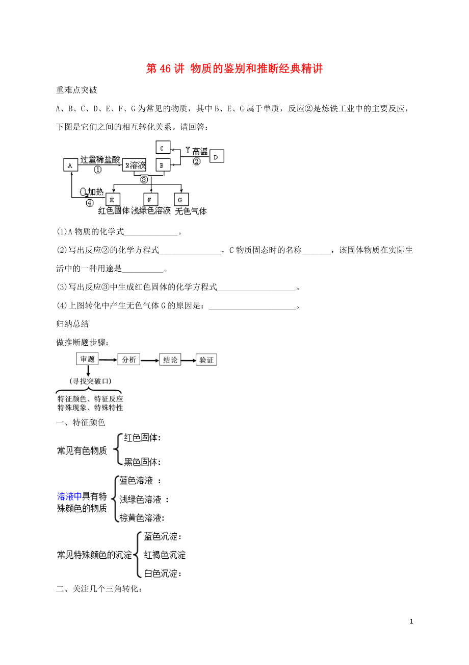 2018年中考化學(xué)第二輪專題復(fù)習(xí) 第46講 物質(zhì)的鑒別和推斷（經(jīng)典精講）試題_第1頁