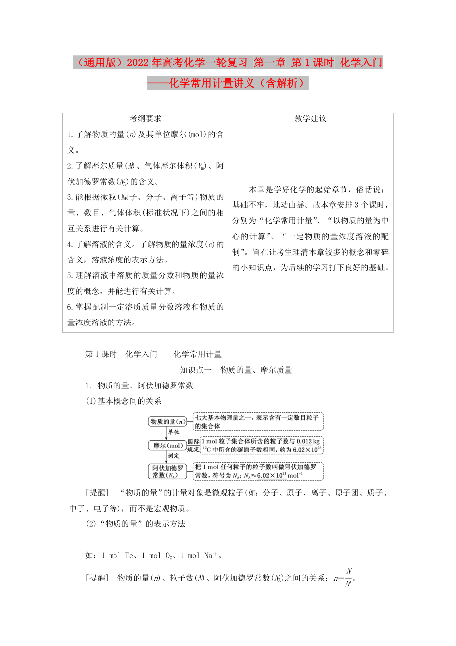 （通用版）2022年高考化學(xué)一輪復(fù)習(xí) 第一章 第1課時(shí) 化學(xué)入門——化學(xué)常用計(jì)量講義（含解析）_第1頁(yè)