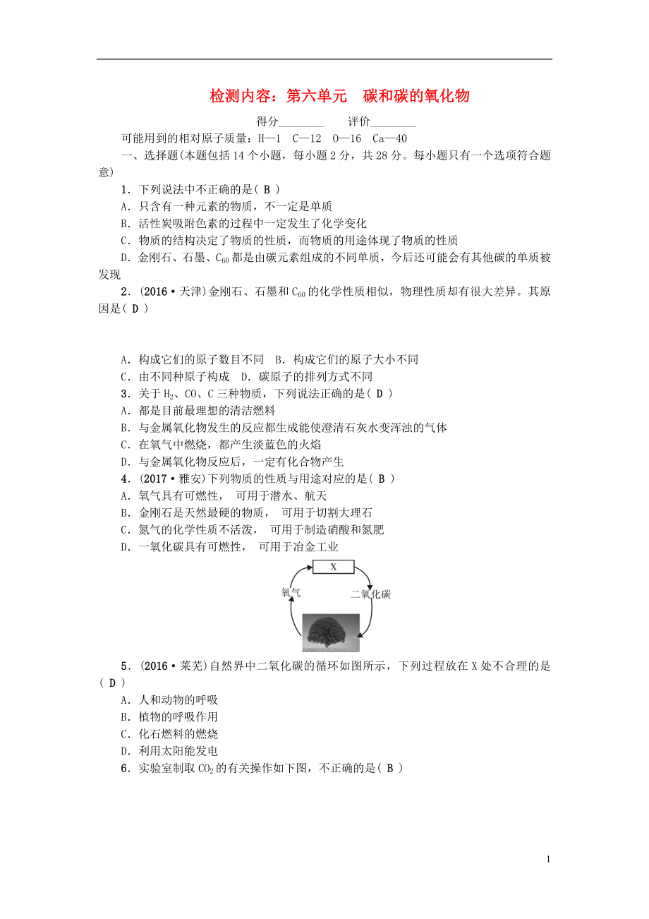 （河南專版）2018年秋九年級(jí)化學(xué)上冊(cè) 第六單元 碳和碳的氧化物同步測(cè)試 （新版）新人教版_第1頁