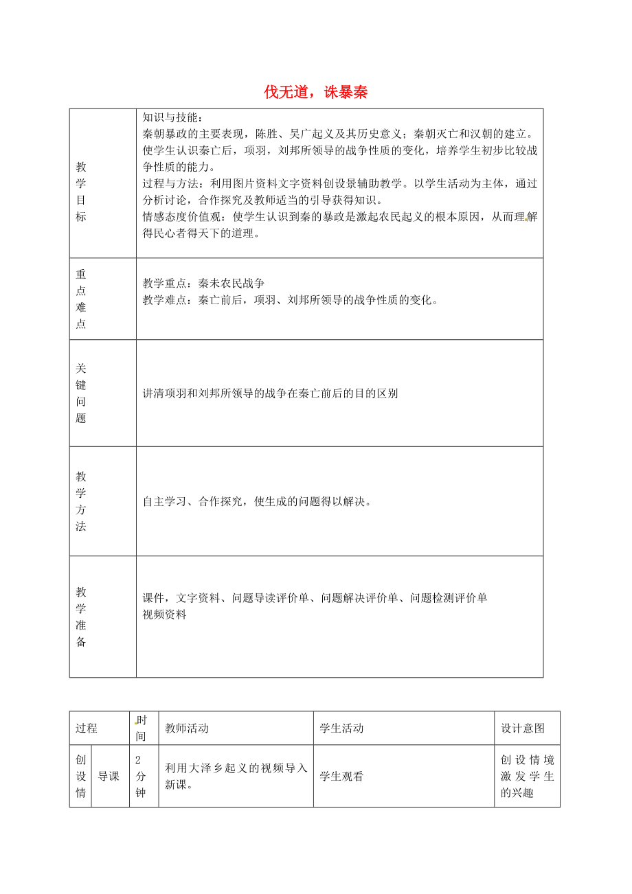 內(nèi)蒙古通遼市科左中旗寶龍山中學七年級歷史上冊 第11課《伐無道 誅暴秦》教學案（無答案） 新人教版_第1頁