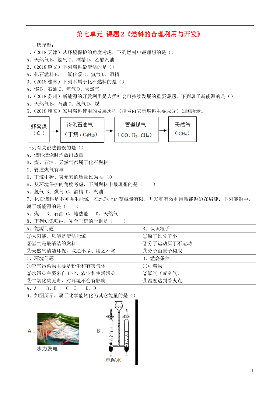 2018年九年級(jí)化學(xué)上冊(cè) 第七單元 課題2《燃料的合理利用與開(kāi)發(fā)》基礎(chǔ)練習(xí)（無(wú)答案）（新版）新人教版_第1頁(yè)