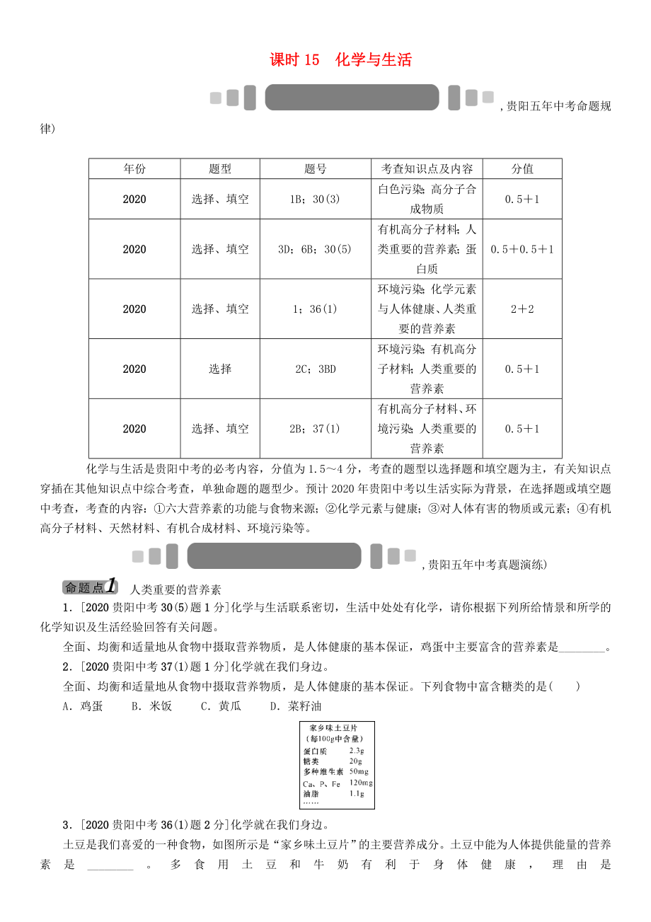 中考命題研究（貴陽(yáng)）2020中考化學(xué) 教材知識(shí)梳理 模塊四 化學(xué)與社會(huì)發(fā)展 課時(shí)15 化學(xué)與生活（無答案）_第1頁(yè)