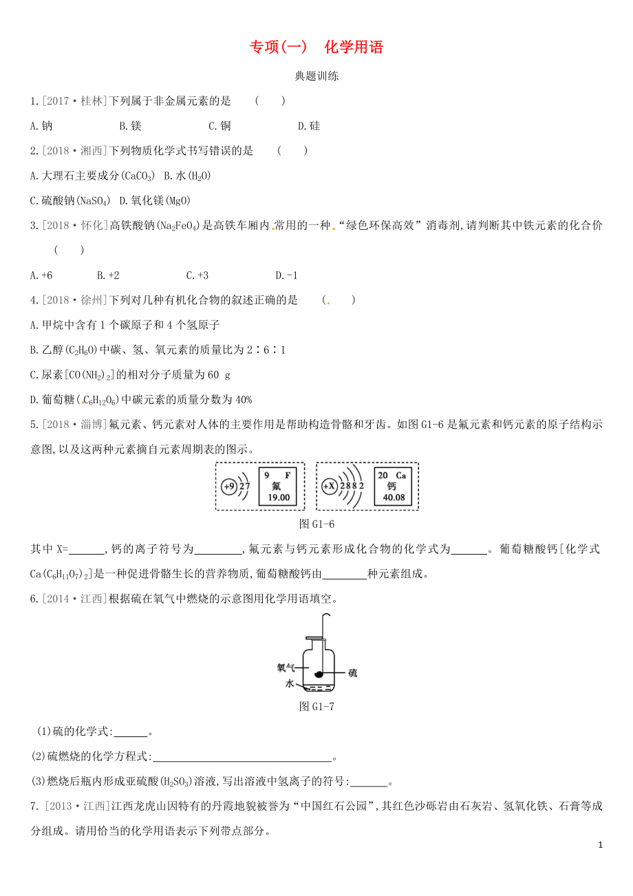 （江西專版）2019中考化學總復習 第一篇 基礎過關篇 專項01 化學用語習題_第1頁