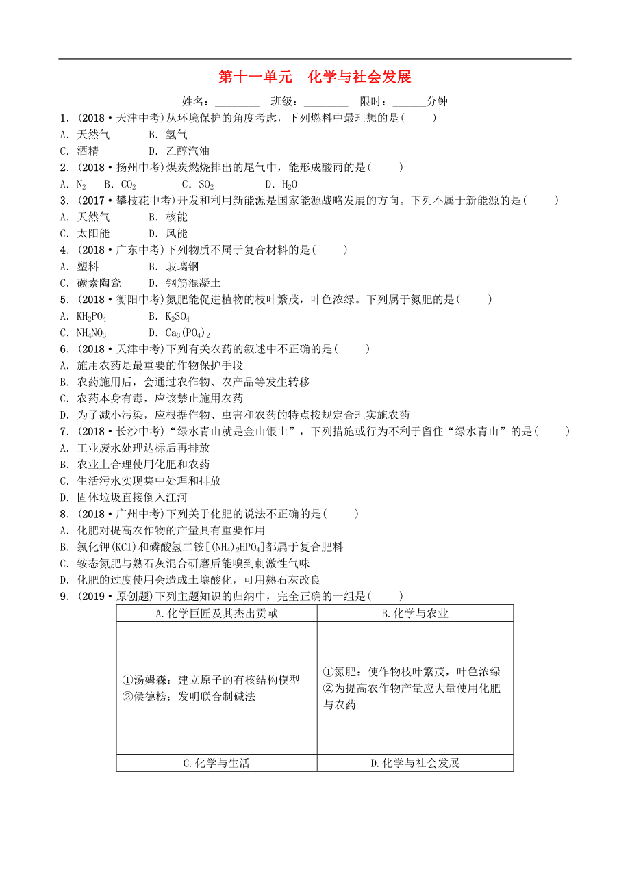 山東省濱州市2019年中考化學(xué)一輪復(fù)習(xí) 第十一單元 化學(xué)與社會發(fā)展練習(xí)_第1頁