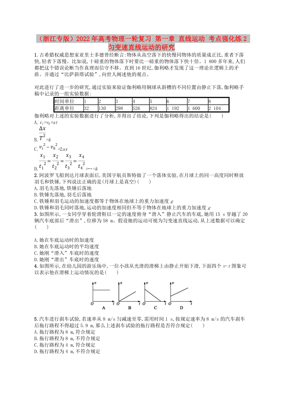 （浙江專(zhuān)版）2022年高考物理一輪復(fù)習(xí) 第一章 直線運(yùn)動(dòng) 考點(diǎn)強(qiáng)化練2 勻變速直線運(yùn)動(dòng)的研究_第1頁(yè)