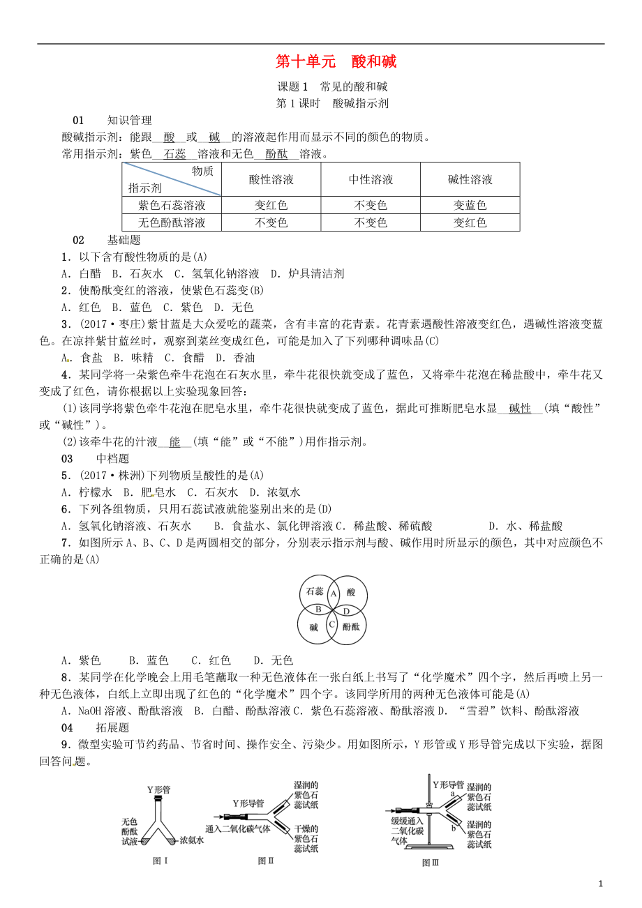 河北省2018年秋九年級(jí)化學(xué)下冊(cè) 第十單元 酸和堿 課題1 常見(jiàn)的酸和堿習(xí)題 （新版）新人教版_第1頁(yè)