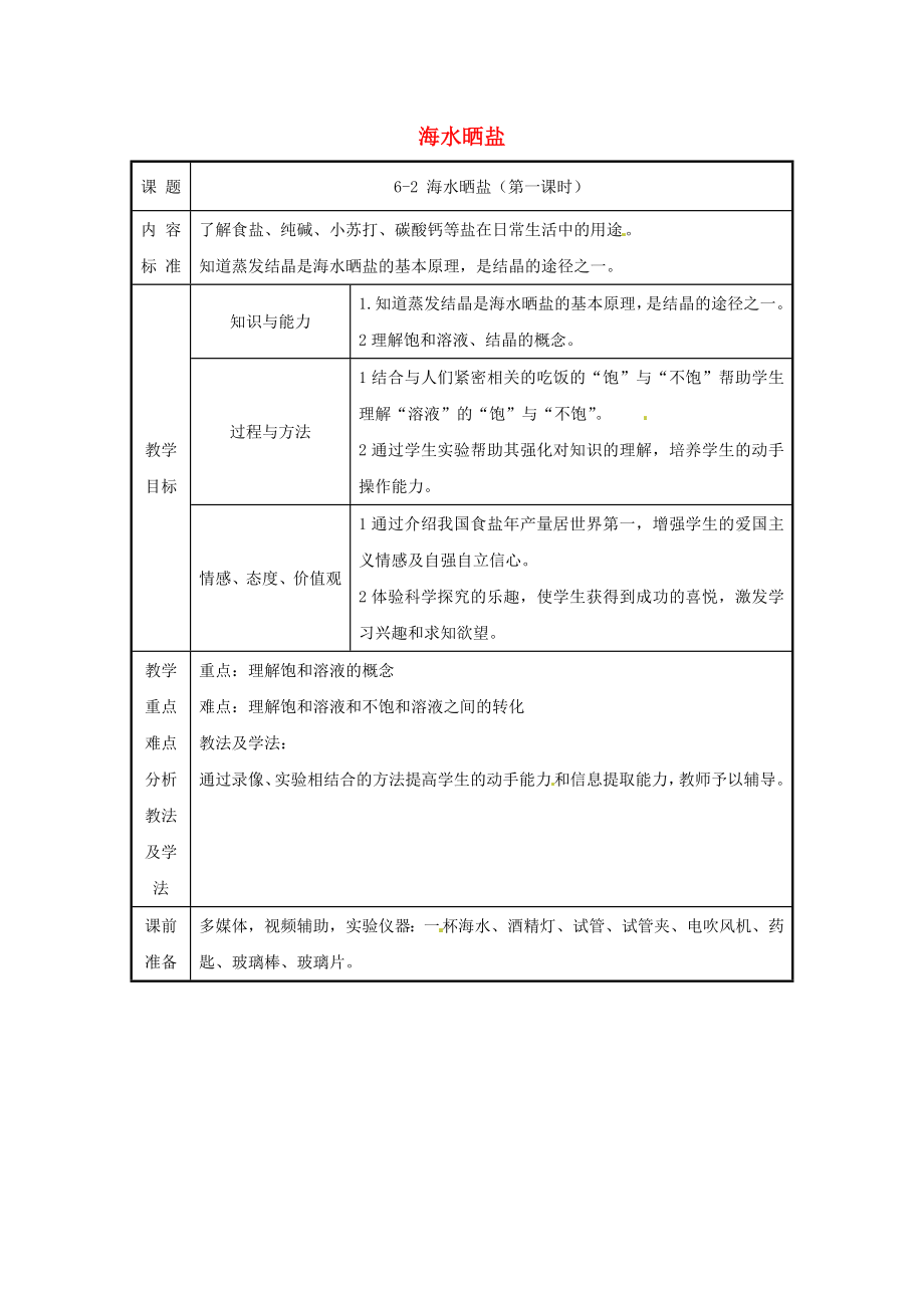 九年級化學(xué) 第六單元第二節(jié) 海水曬鹽教案（第一課時） 魯教版_第1頁