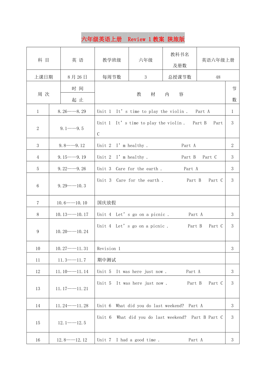 六年级英语上册Review 1教案 陕旅版_第1页