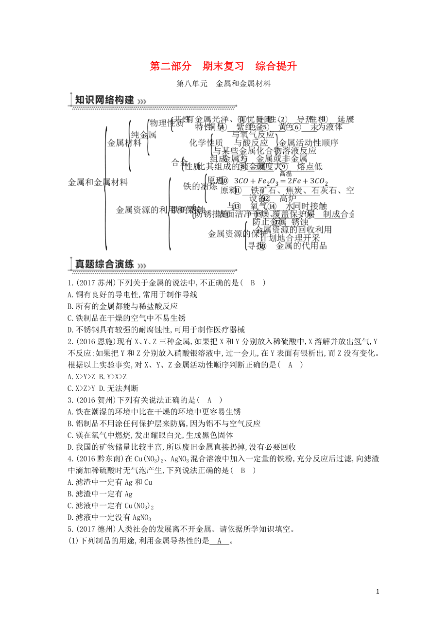 2018届九年级化学下册 第八单元 金属和金属材料练习 （新版）新人教版_第1页