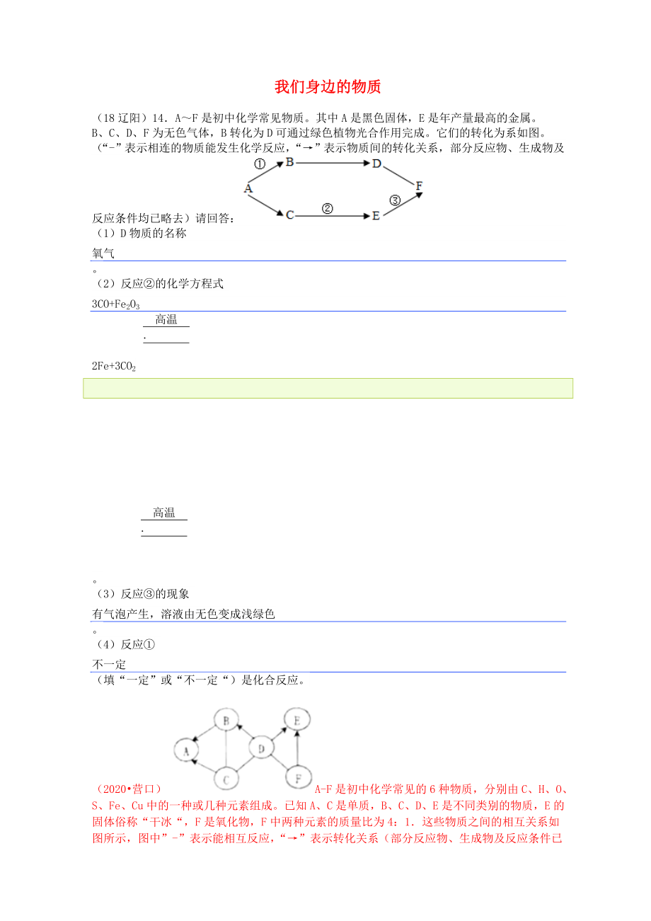 2020年中考化學(xué)真題分類匯編 2 我們身邊的物質(zhì) 綜合 2推斷題 3框圖推斷題（無條件）（無答案）_第1頁