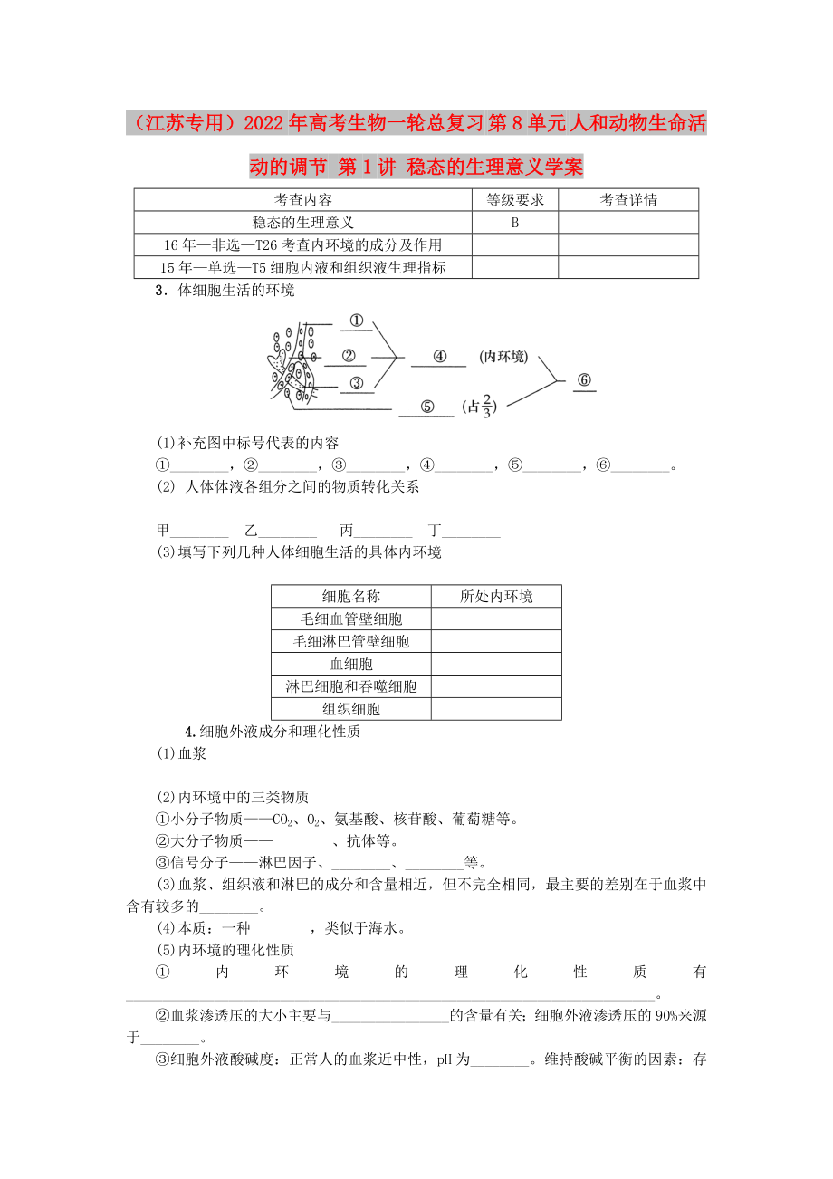 （江蘇專用）2022年高考生物一輪總復(fù)習(xí) 第8單元 人和動(dòng)物生命活動(dòng)的調(diào)節(jié) 第1講 穩(wěn)態(tài)的生理意義學(xué)案_第1頁