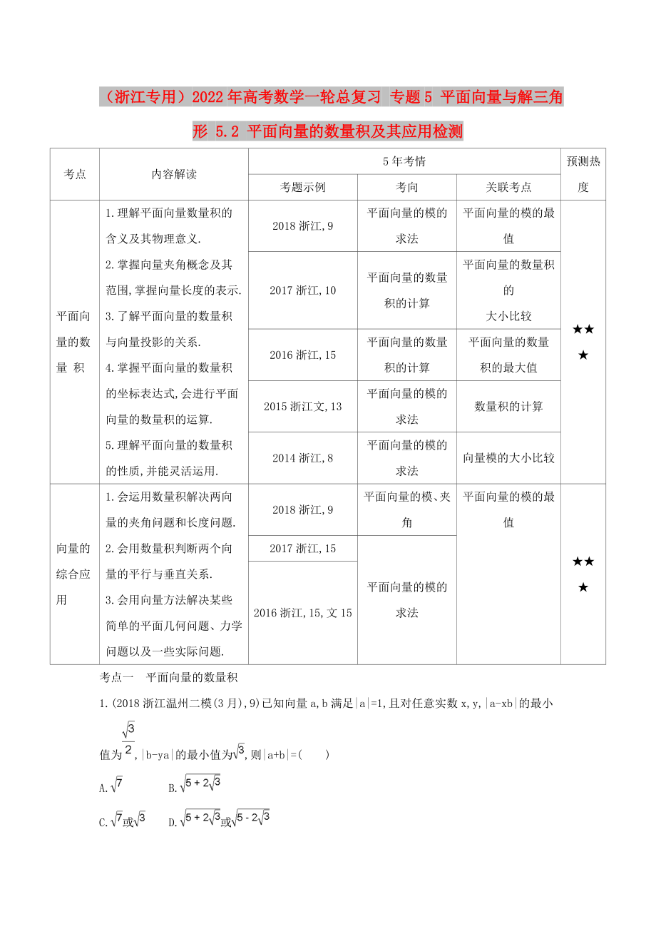 （浙江專用）2022年高考數(shù)學(xué)一輪總復(fù)習(xí) 專題5 平面向量與解三角形 5.2 平面向量的數(shù)量積及其應(yīng)用檢測_第1頁