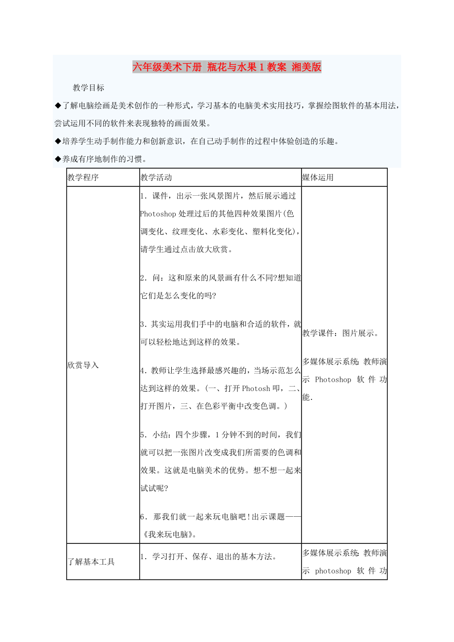 六年級(jí)美術(shù)下冊(cè) 瓶花與水果1教案 湘美版_第1頁