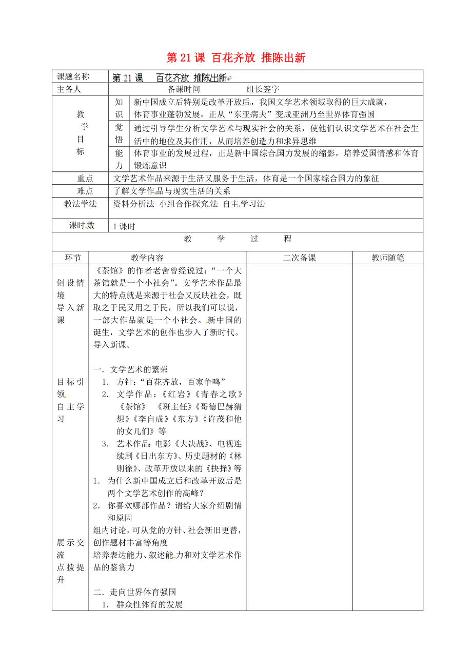 山東省臨淄外國(guó)語(yǔ)實(shí)驗(yàn)學(xué)校八年級(jí)歷史下冊(cè) 第21課 百花齊放 推陳出新教案 新人教版_第1頁(yè)