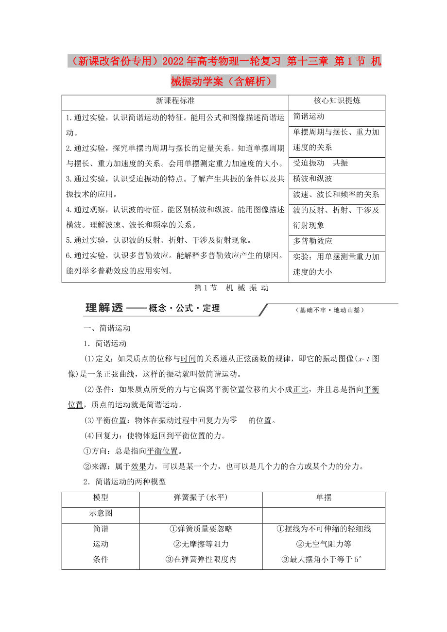 （新課改省份專用）2022年高考物理一輪復(fù)習(xí) 第十三章 第1節(jié) 機(jī)械振動(dòng)學(xué)案（含解析）_第1頁