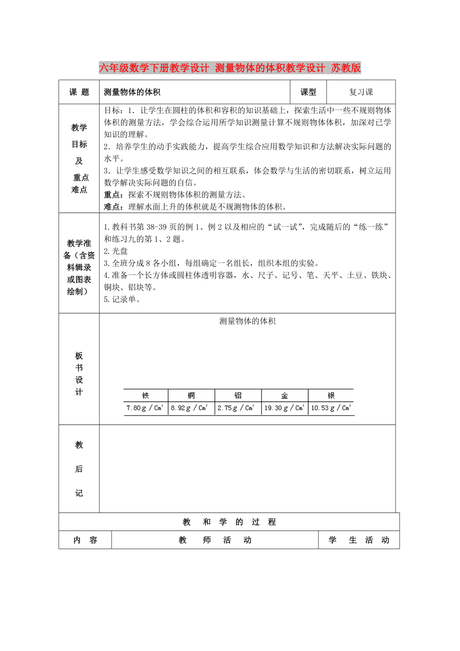 六年級數(shù)學(xué)下冊教學(xué)設(shè)計 測量物體的體積教學(xué)設(shè)計 蘇教版_第1頁