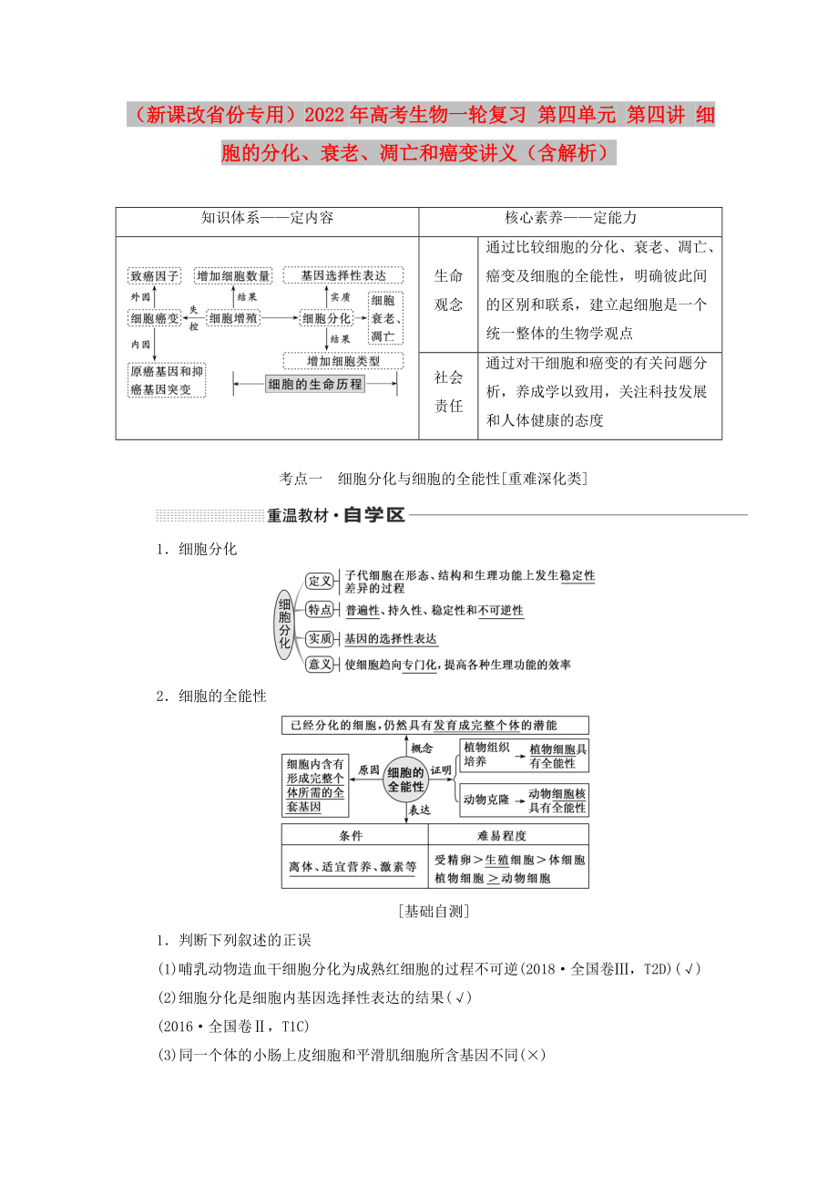 （新課改省份專用）2022年高考生物一輪復(fù)習 第四單元 第四講 細胞的分化、衰老、凋亡和癌變講義（含解析）_第1頁