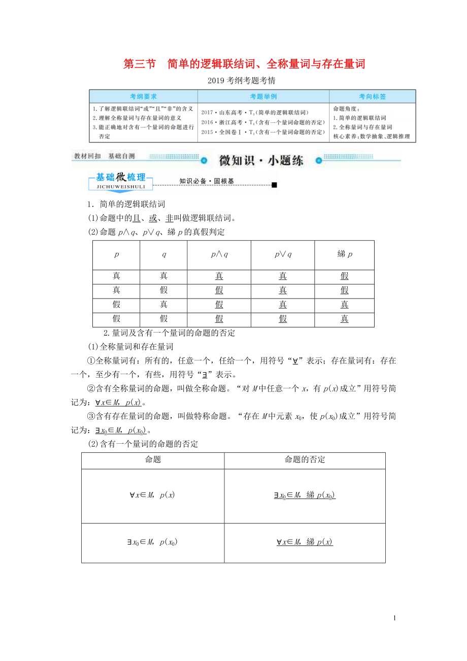 2020版高考数学一轮复习 第一章 集合与常用逻辑用语 第三节 简单的逻辑联结词、全称量词与存在量词学案 理（含解析）新人教A版_第1页