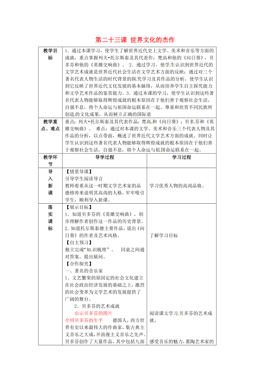 山東省臨沂市蒙陰縣第四中學(xué)九年級歷史上冊 第23課《世界文化的杰作》教案 新人教版（通用）_第1頁