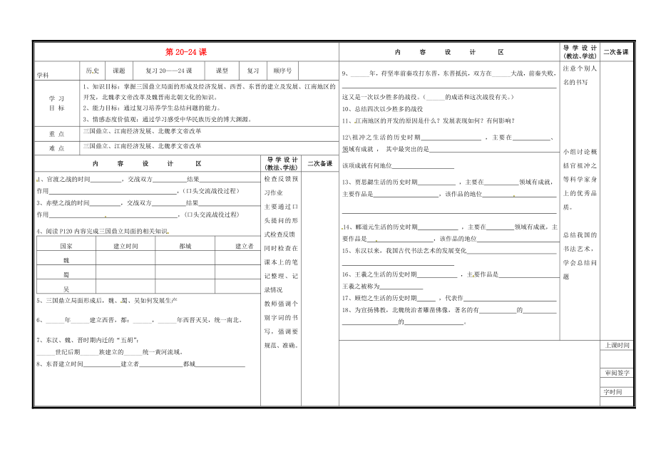 山東省淄博市淄川區(qū)磁村中學七年級歷史上冊 第20-24課復習導學案（無答案） 新人教版_第1頁