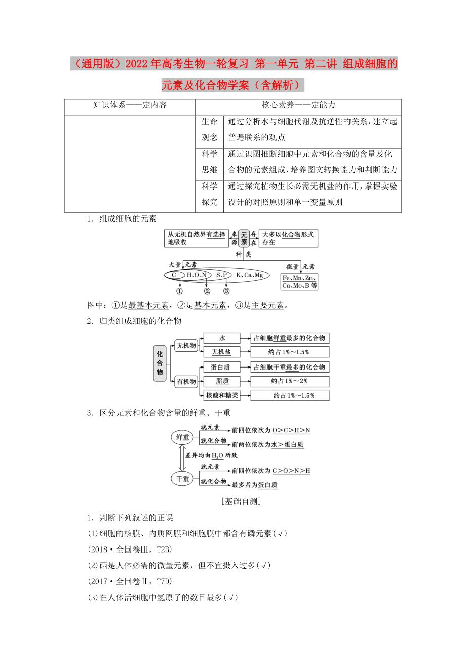 （通用版）2022年高考生物一輪復習 第一單元 第二講 組成細胞的元素及化合物學案（含解析）_第1頁