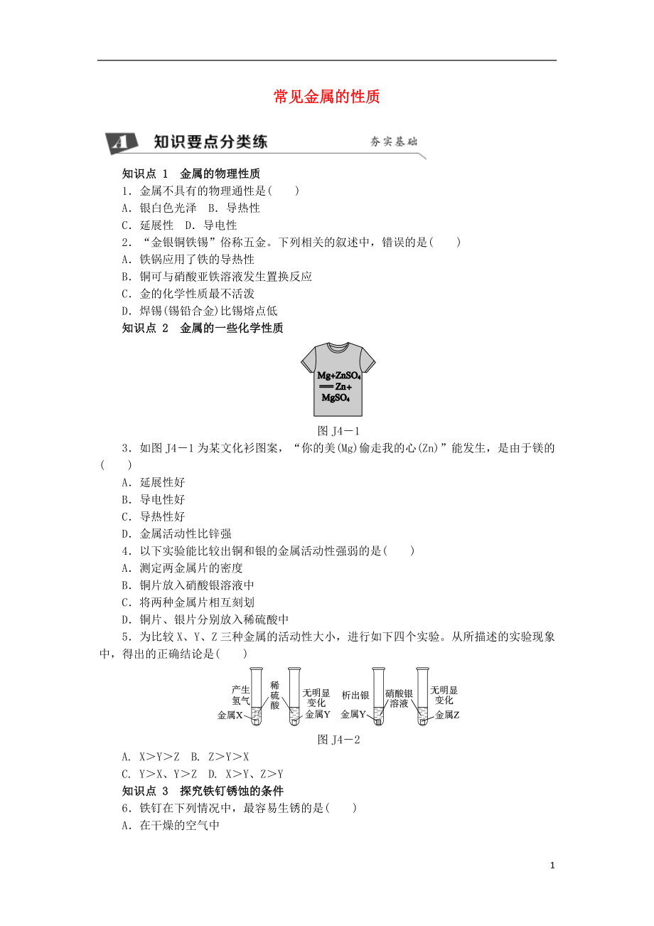 2018年秋九年級化學上冊 基礎實驗4 常見金屬的性質同步練習 滬教版_第1頁