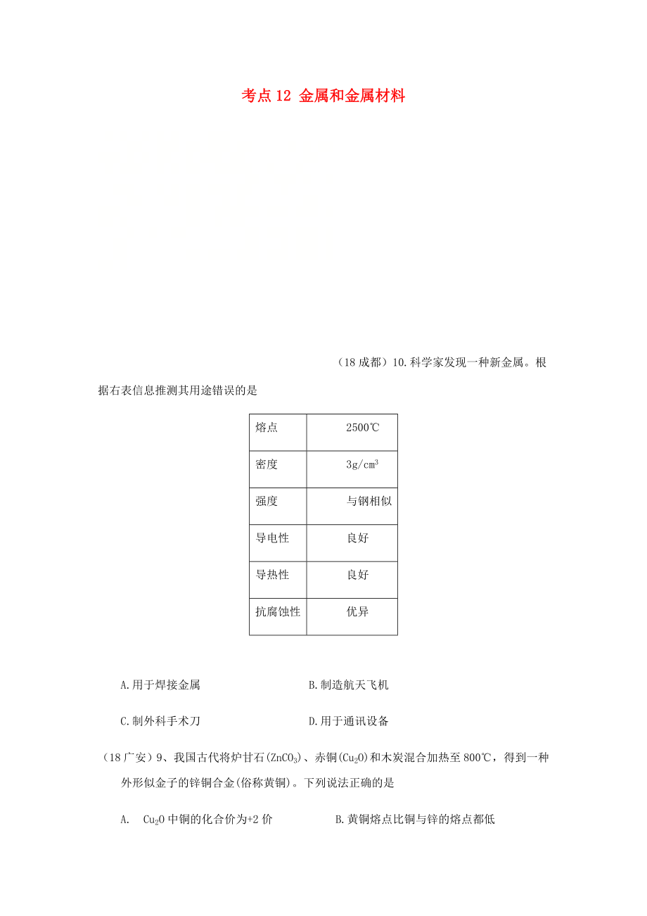 2020年中考化學(xué)真題分類匯編 2 我們身邊的物質(zhì) 考點12 金屬和金屬材料 3 綜合 6信息分析和新信息題（無答案）_第1頁