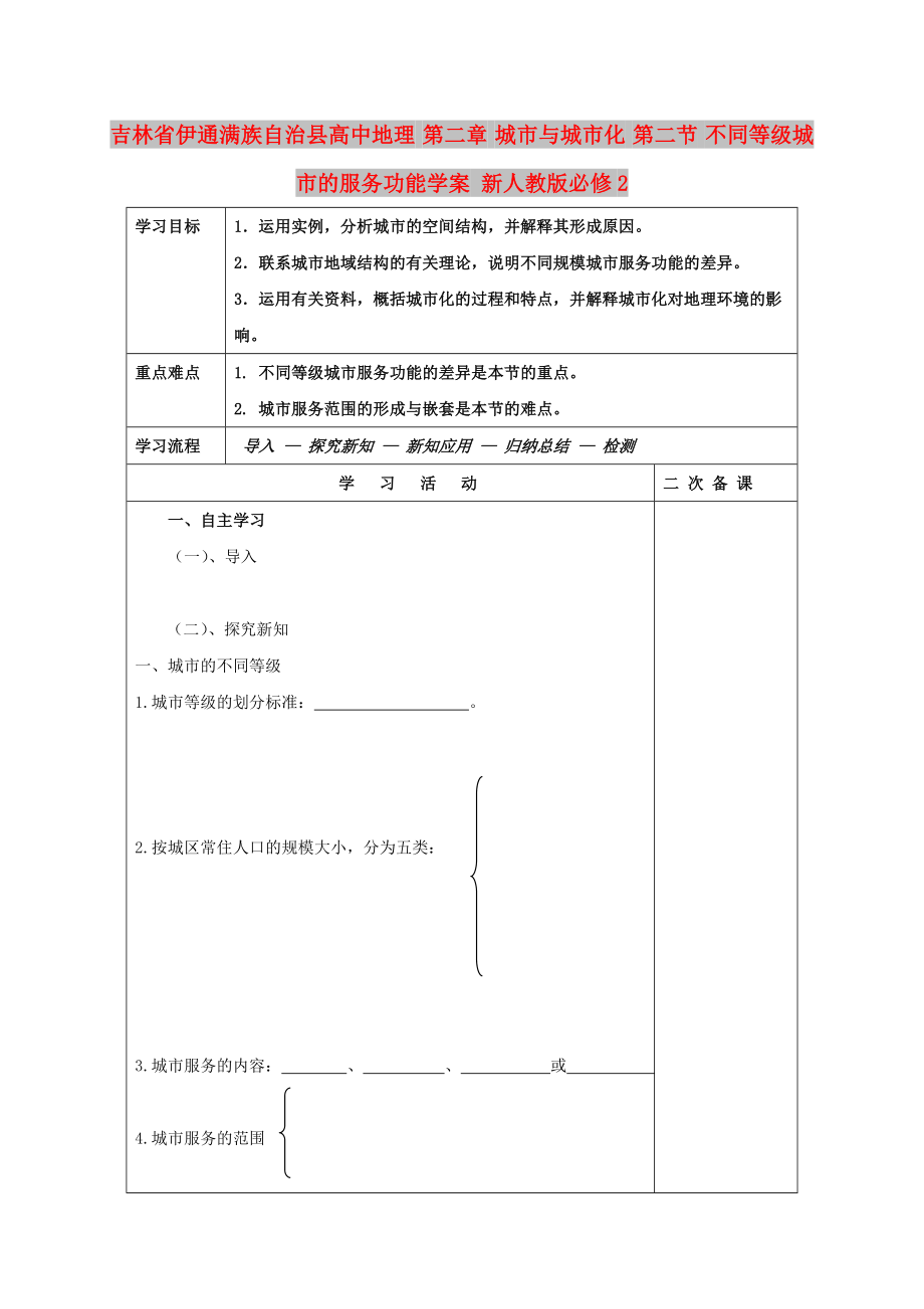 吉林省伊通滿族自治縣高中地理 第二章 城市與城市化 第二節(jié) 不同等級(jí)城市的服務(wù)功能學(xué)案 新人教版必修2_第1頁