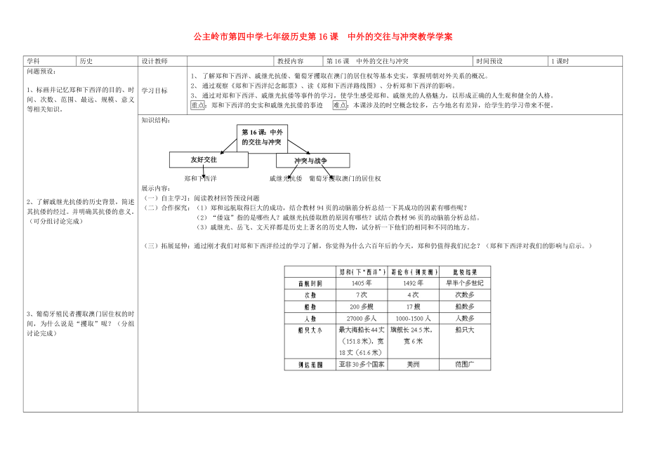 吉林省公主嶺市七年級歷史下冊 第16課 中外的交往與沖突學(xué)案（無答案） 新人教版_第1頁