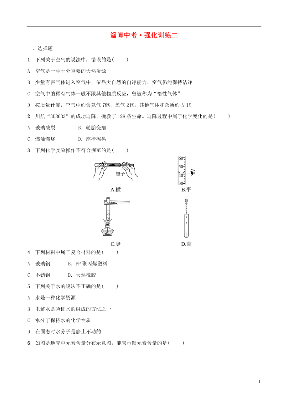 （淄博专版）2019届中考化学复习 第3部分 强化训练二_第1页