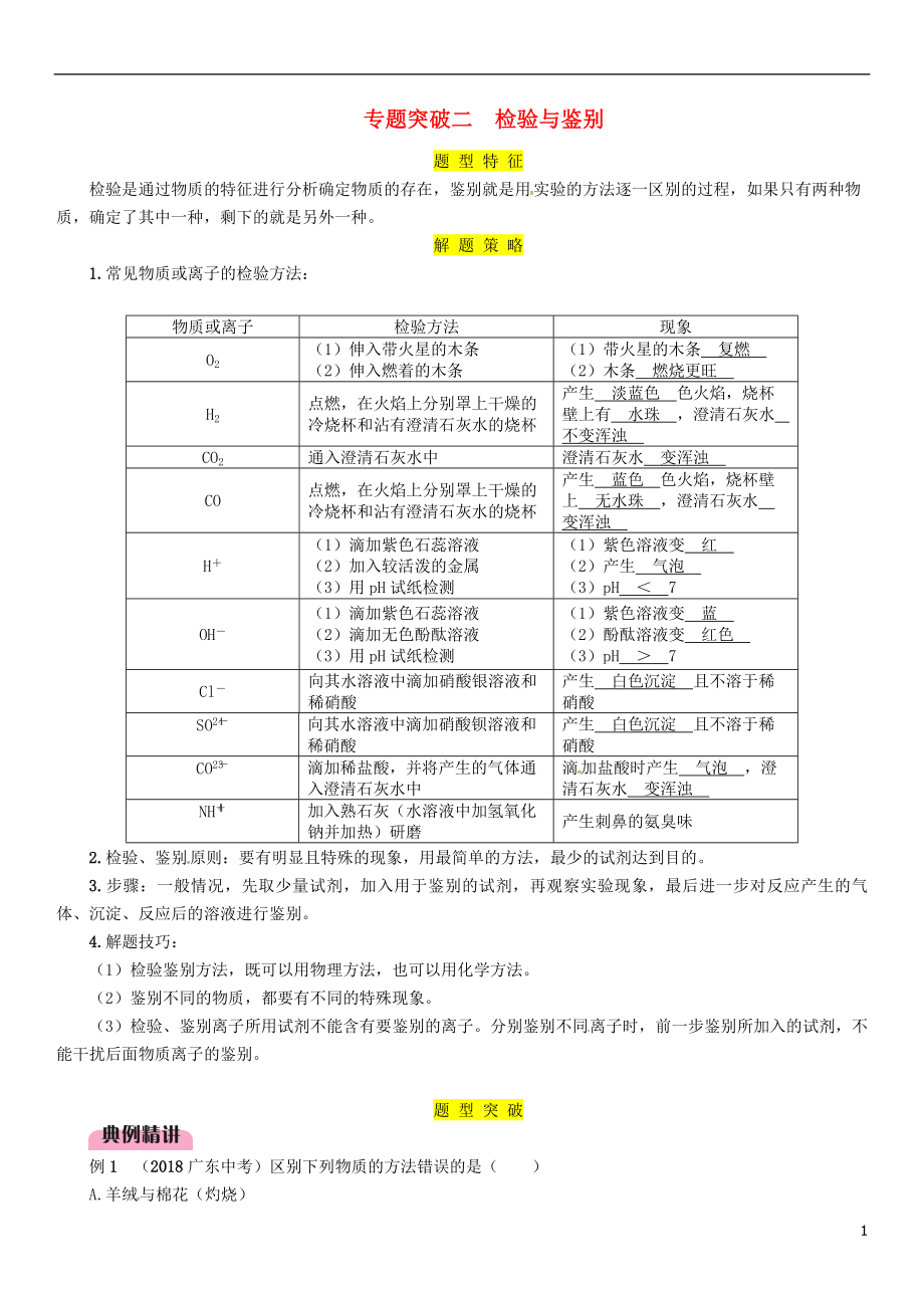 （百色專版）2019屆中考化學(xué)復(fù)習(xí) 第2編 重點專題突破篇 專題突破2 檢驗與鑒別（精講）練習(xí)_第1頁