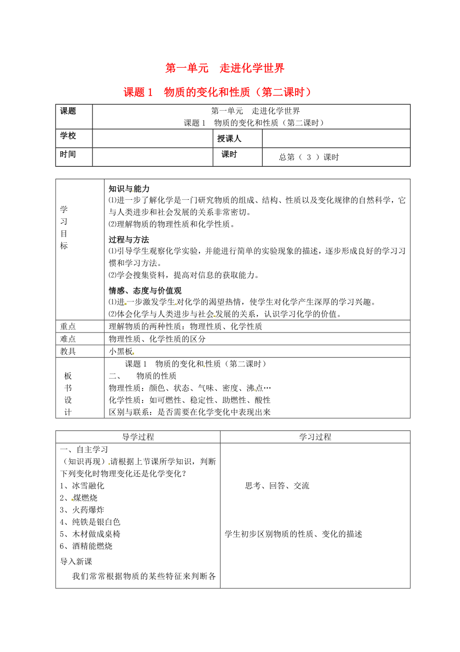 山東省郯城縣郯城街道初級中學(xué)九年級化學(xué)上冊 第一單元 走進(jìn)化學(xué)世界 課題1 物質(zhì)的變化和性質(zhì)學(xué)案2（無答案） 新人教版_第1頁