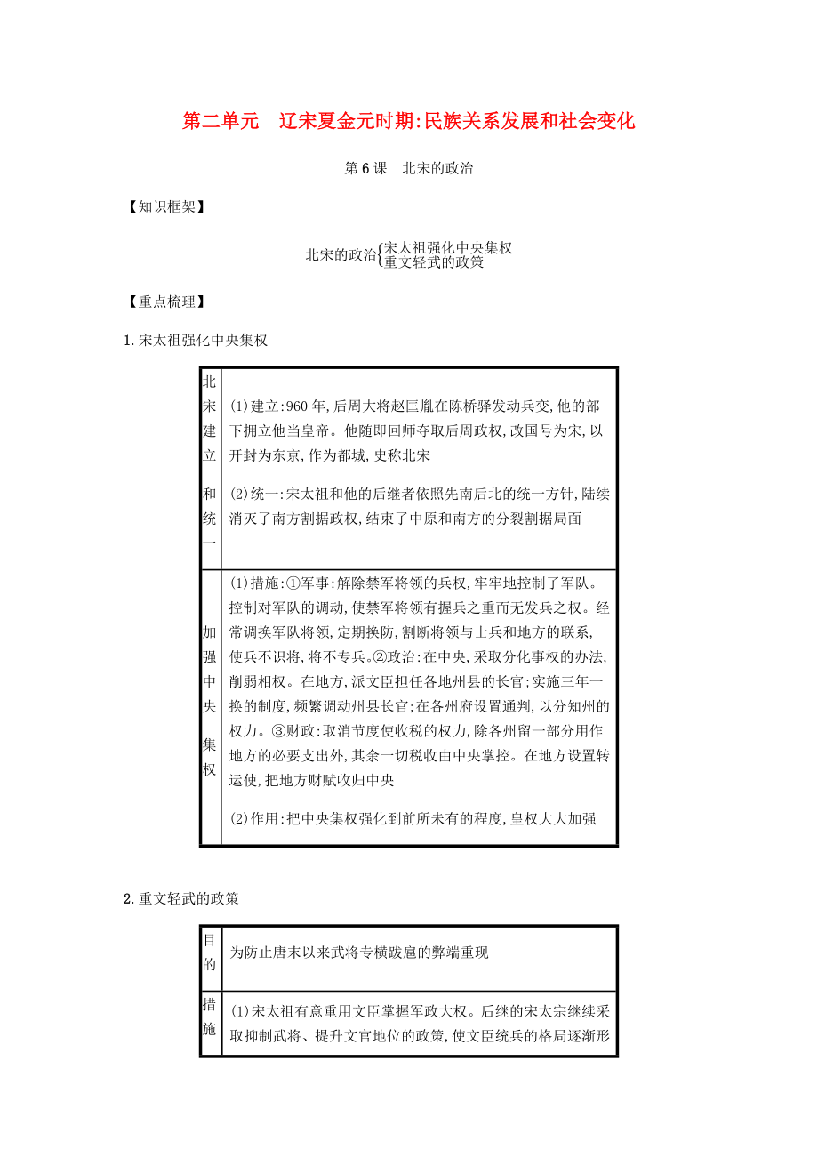 2020春七年級(jí)歷史下冊(cè) 第二單元 遼宋夏金元時(shí)期民族關(guān)系發(fā)展和社會(huì)變化 第6課 北宋的政治備考速記 新人教版_第1頁