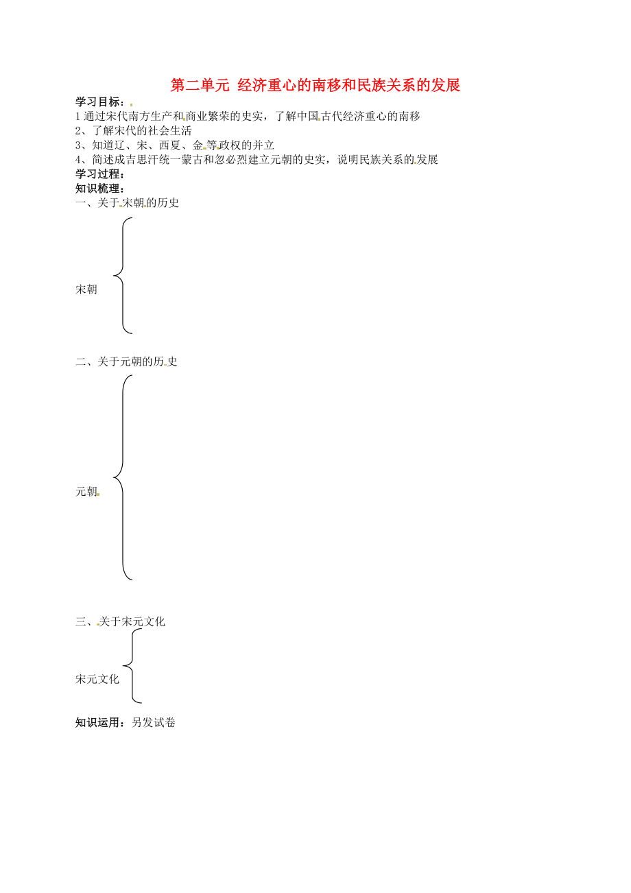 吉林省通化市外國語中學七年級歷史下冊 第二單元 經濟重心的南移和民族關系的發(fā)展復習學案（無答案） 新人教版_第1頁