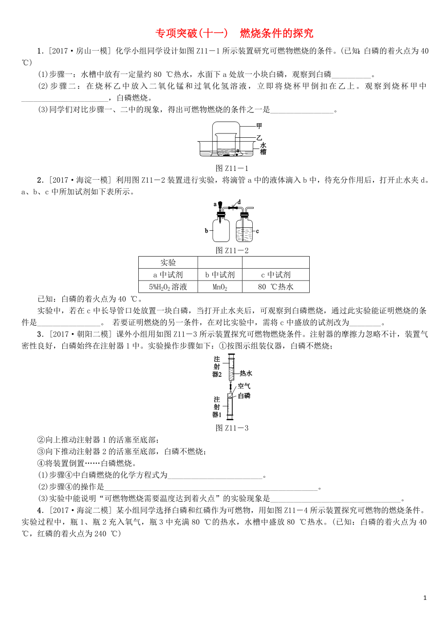 北京市2018年中考化學(xué)基礎(chǔ)復(fù)習(xí) 專項突破（十一）燃燒條件的探究練習(xí)_第1頁