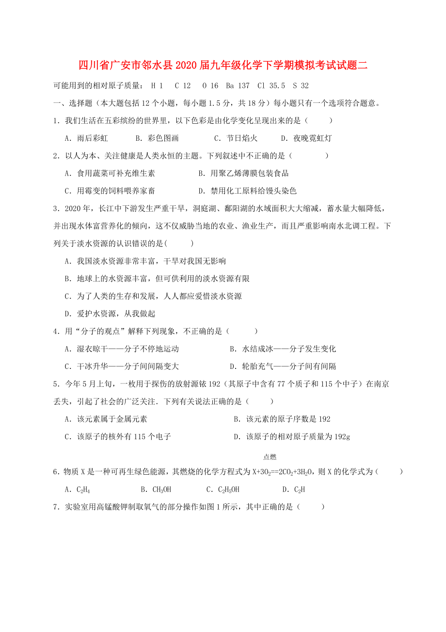 四川省广安市邻水县2020届九年级化学下学期模拟考试试题二_第1页