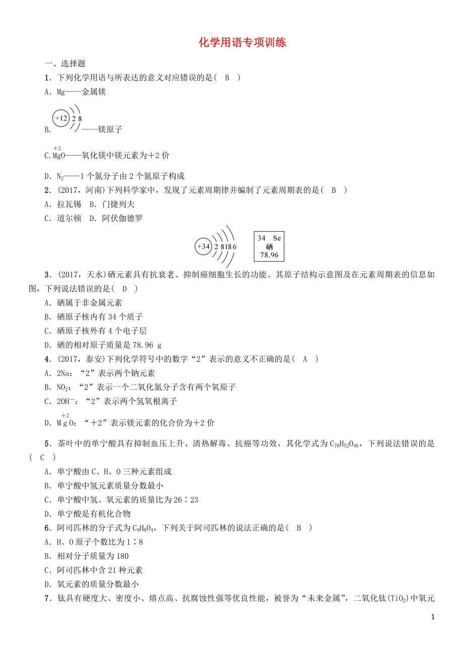 （遵义专版）2018中考化学总复习 第1编 教材知识梳理 化学用语专项训练练习_第1页