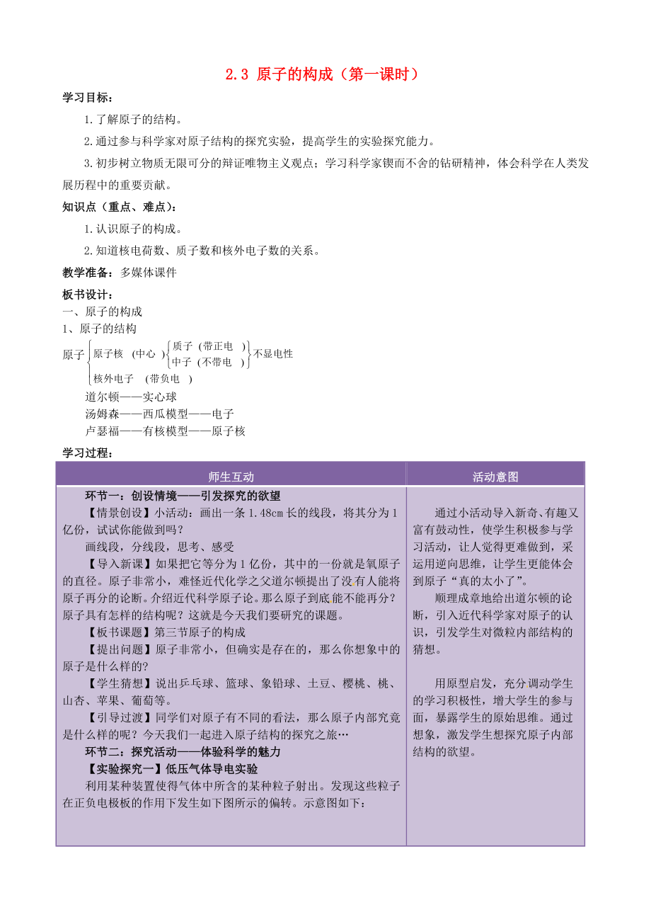 山东省枣庄市峄城区吴林街道中学九年级化学全册 第二单元 探秘水世界 2.3 原子的构成（第一课时）学案（无答案） 鲁教版_第1页