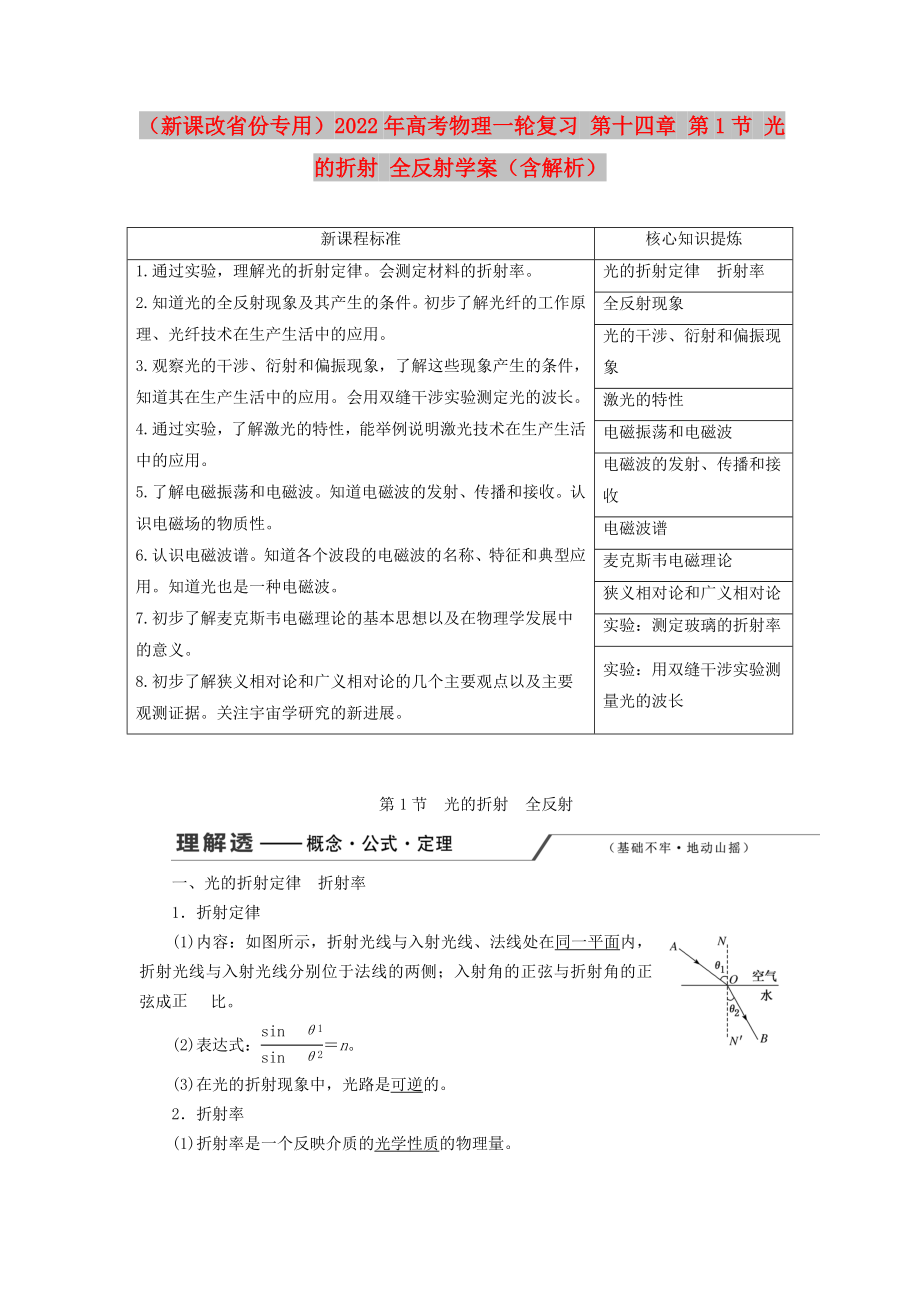 （新課改省份專用）2022年高考物理一輪復習 第十四章 第1節(jié) 光的折射 全反射學案（含解析）_第1頁