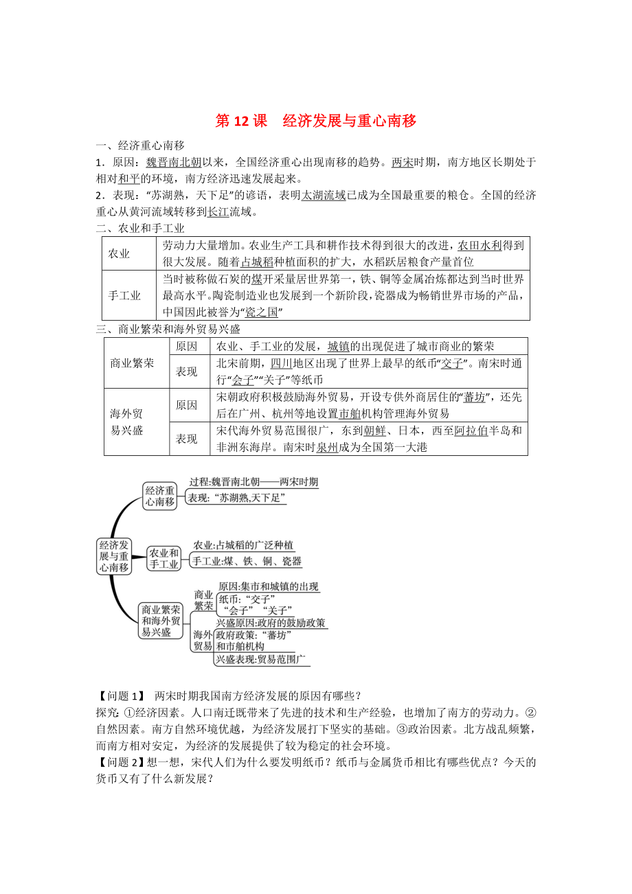 七年級(jí)歷史下冊(cè) 第12課 經(jīng)濟(jì)發(fā)展與重心南移同步練習(xí) 北師大版（通用）_第1頁