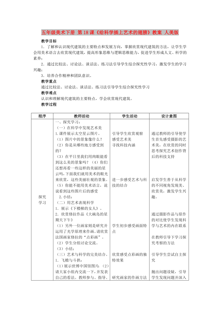 五年級美術下冊 第18課《給科學插上藝術的翅膀》教案 人美版_第1頁