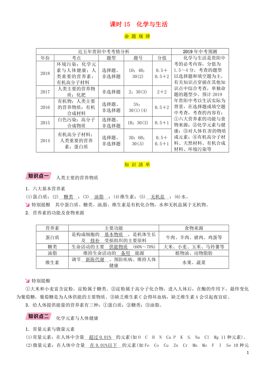 （貴陽專版）2019年中考化學(xué)總復(fù)習(xí) 第1編 主題復(fù)習(xí) 模塊4 化學(xué)與社會發(fā)展 課時15 化學(xué)與生活（精講）習(xí)題_第1頁