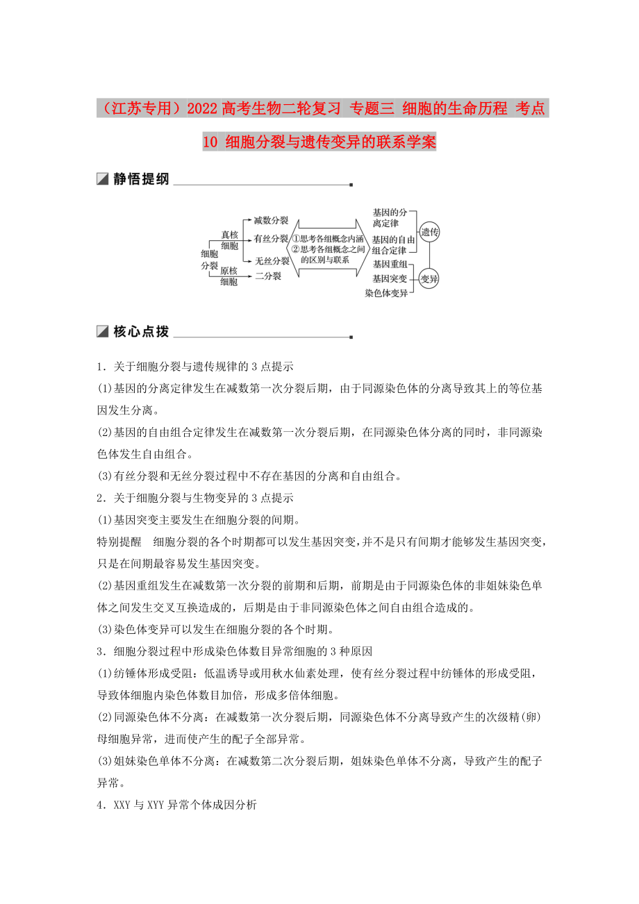 （江蘇專用）2022高考生物二輪復(fù)習(xí) 專題三 細(xì)胞的生命歷程 考點(diǎn)10 細(xì)胞分裂與遺傳變異的聯(lián)系學(xué)案_第1頁