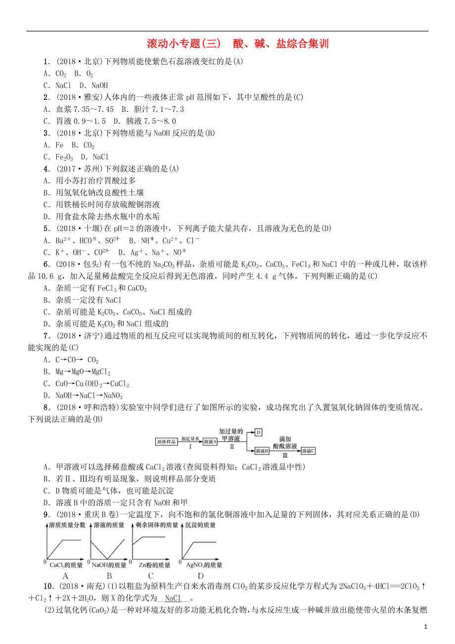 2019年中考化學(xué)復(fù)習(xí) 滾動小專題（三）酸、堿、鹽綜合集訓(xùn)專題練習(xí)_第1頁