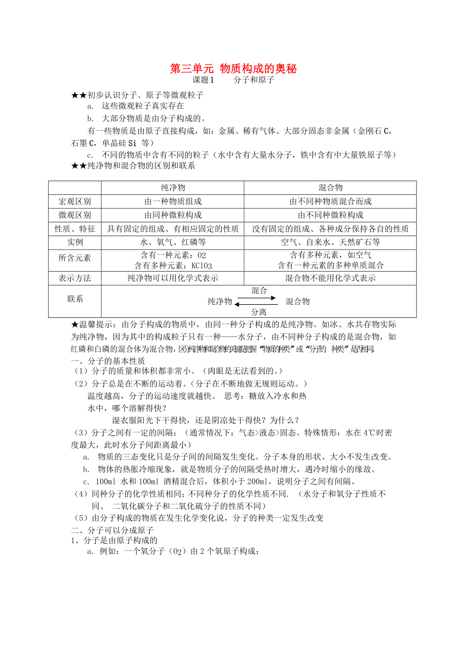 九年級(jí)化學(xué)上冊(cè) 第三單元 物質(zhì)構(gòu)成的奧秘 課題1《分子和原子》知識(shí)點(diǎn) （新版）新人教版（通用）_第1頁