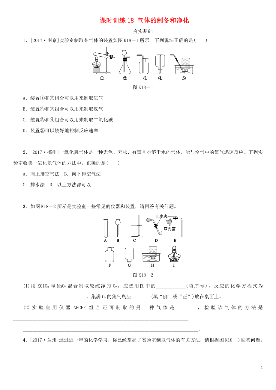 湖南省2018年中考化學(xué)復(fù)習(xí) 課時(shí)訓(xùn)練18 氣體的制備和凈化練習(xí)_第1頁