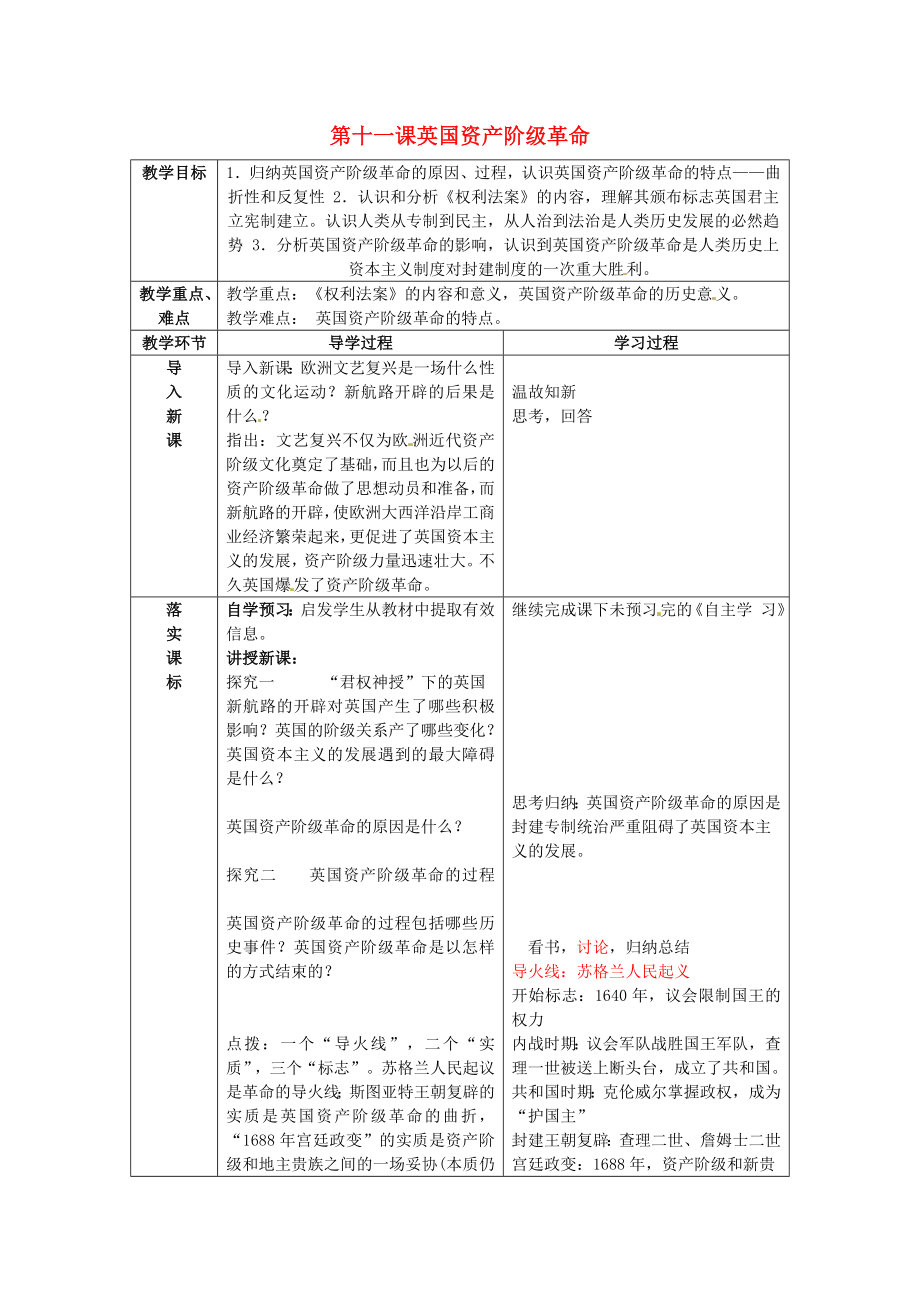 山東省臨沂市蒙陰縣第四中學(xué)九年級歷史上冊 第11課《英國資產(chǎn)階級革命》教案 新人教版（通用）_第1頁