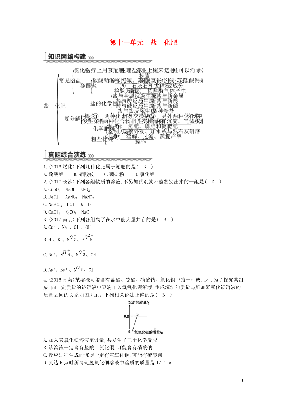 2018届九年级化学下册 第十一单元 盐 化肥练习 （新版）新人教版_第1页