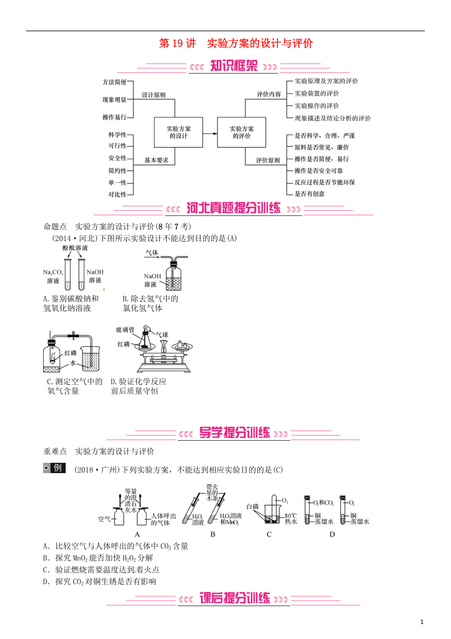 （河北專版）2019年中考化學(xué)復(fù)習(xí) 主題五 科學(xué)探究 第19講 實驗方案的設(shè)計與評價習(xí)題_第1頁