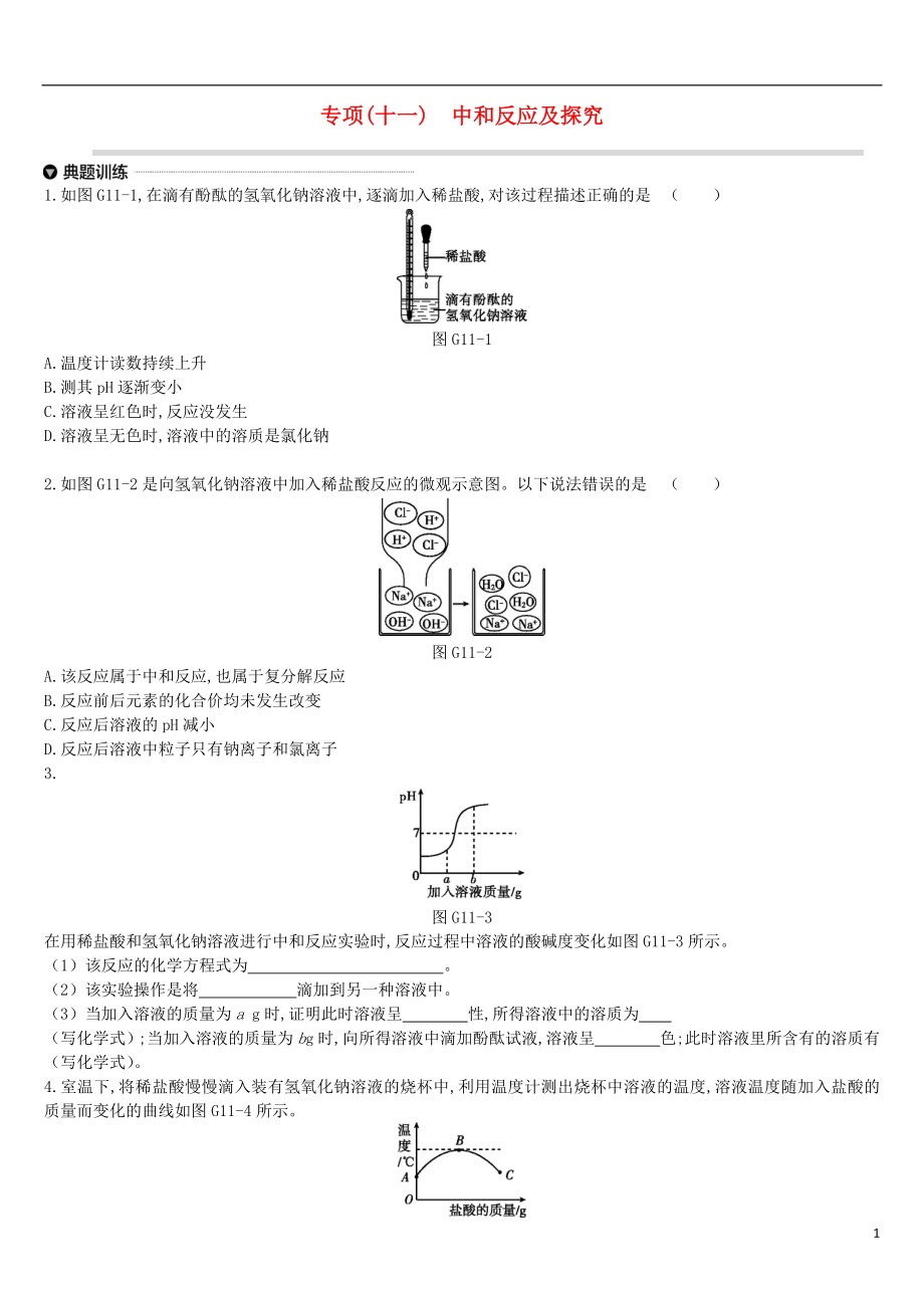 江苏省徐州市2019年中考化学专项复习 专项（十一）中和反应及探究练习_第1页